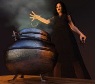 black_hair long_hair clothed handheld dress witch shrunken_men cruel boomgts digital_render tossing cauldron