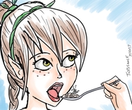 drawing color long_hair brunette unaware open_mouth cereal braid hairband imminent_vore pointed_ears
