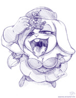 drawing giantess furry anthro monochrome tongue bunny cleavage mario saliva gloves open_mouth dangle imminent_vore dangnoms harriet super_mario_odyssey