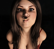 large_breasts long_hair blue_eyes cleavage bra brunette imminent_vore no_background digital_render pursed_lips