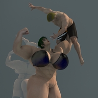 huge_breasts green_hair short_hair mini_giantess bottomless muscles lifting bikini_top no_background digital_render