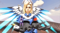 wings blonde long_hair handheld shrunken_woman outdoors digital_render overwatch sombra mercy_(overwatch)