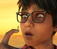giantess black_hair glasses short_hair looking_down dark_skin outdoors digital_render on_fingertip lips_parted