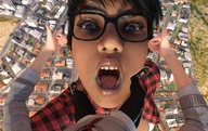 giantess clothed glasses dark_skin looking_up outdoors point_of_view thumb imminent_vore boomgts mouth_open digital_render