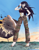 drawing giantess city mega color long_hair destruction toes barefoot soles headphones looking_down pants dirty_soles top belt crowds bracelet angelgts