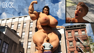 city black_hair long_hair huge_breasts smiling muscles looking_down open_mouth outdoors thick_thighs digital_render