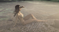 bikini giantess city mega black_hair long_hair sitting outdoors digital_render covering_eyes