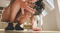 long_hair clothed brunette shrunken_men shrunken_woman sneakers indoors crouching dropped digital_render