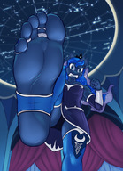 drawing giantess panties feet furry anthro upskirt color large_breasts long_hair blue_eyes clothed toes barefoot soles green_eyes blue_hair angry low_angle dress blue_skin thighs indoors jewelry point_of_view looking_at_viewer raised_foot toering my_little_pony horn imminent_crush princess_luna humanized_pony stirrups redfeathers