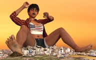 growth giantess city mega destruction barefoot glasses sitting surprised shorts looking_down dark_skin outdoors top legs_spread boomgts digital_render
