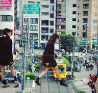 giantess collage black_hair long_hair asian pigtails uniform running looking_down giantesses sneakers airraid