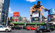 giantess collage city long_hair brunette asian looking_down giantesses vehicles sneakers outdoors bracelet sitting_on_building baseball_cap airraid