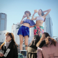 giantess collage city long_hair skirt asian short_hair shorts giantesses drinking outdoors bracelet airraid
