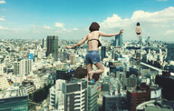 giantess collage city high_heels brunette topless asian short_hair shorts walking giantesses outdoors bikini_top airraid