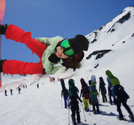 giantess collage smiling asian lying_down mountains snow goggles crowds snowboard ski airraid