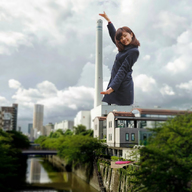 giantess collage city brunette smiling asian medium_length_hair outdoors airraid comparing