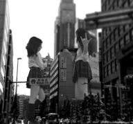 giantess collage monochrome long_hair skirt asian walking looking_down giantesses outdoors airraid