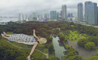 giantess collage city long_hair brunette asian dress lying_down sandals pigtails outdoors airraid