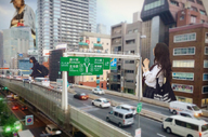 giantess collage city long_hair buildings brunette multiple_sizes asian uniform looking_down giantesses vehicles outdoors necklace airraid