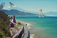 giantess collage city ocean multiple_sizes asian sitting walking giantesses vehicles outdoors dialogue airraid