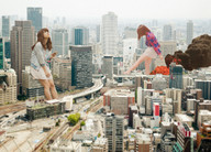 giantess collage city mega long_hair destruction rampage skirt brunette asian short_hair sitting fire walking giantesses smoke outdoors sitting_on_building bare_legs airraid