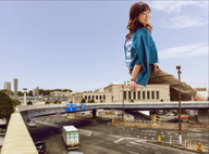 giantess collage buildings smiling asian streets looking_at_viewer sitting_on_building airraid