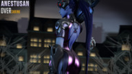 long_hair blue_hair ponytail blue_skin unaware hanging_on digital_render overwatch widowmaker genji skintight_clothing