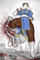 drawing color large_breasts blood brunette gore short_hair mini_giantess boots nylons death fighting looking_down chun-li earrings bracelet thick_thighs violence yamumil bone