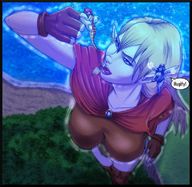 drawing giantess white_hair vore horns color large_breasts long_hair fairy gloves open_mouth dangle flying outdoors imminent_vore held_over_mouth pointed_ears
