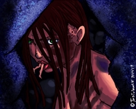 drawing giantess nude color long_hair green_eyes red_hair dirty between_lips imminent_vore