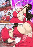 breasts drawing growth giantess blushing comic color long_hair tongue destruction cleavage glasses saliva huge_breasts brunette outgrowing_building bulge belly feeding voluptuous dialogue belly_bulge natsumemetalsonic