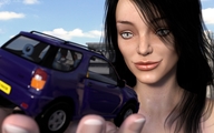 gentle giantess city mega black_hair clothed handheld buildings vehicles digital_render papayoya