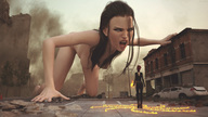 breasts nipples giantess nude mega long_hair destruction barefoot angry brunette red_hair crawling fire looming sorenzer0 digital_render leather_clothing