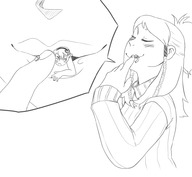 drawing giantess vore blushing monochrome long_hair smiling lips close_up sweater pushing imminent_vore no_background emmacat64