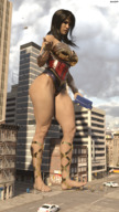 giantess feet city mega handheld toes barefoot buildings helicopter brunette superhero legs amazon running streets clouds under_foot wonder_woman leotard pedestrians running_away police_cars imminent_crush digital_render dc_comics heroine_outfit amgipi lifting_truck