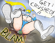 drawing color large_breasts butt_crush blood mini_giantess street_fighter pigtails amazon leotard microphone yamumil rainbow_mika r.mika