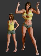 growth cleavage green_eyes brunette navel muscles amazon shorts top ripped_clothing digital_render ptmongoose