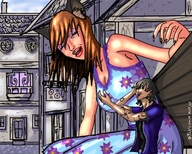 drawing gentle color large_breasts long_hair clothed cat_ears brunette mini_giantess sitting outdoors sharp_nails