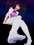 breasts drawing giantess feet blushing black_hair color large_breasts long_hair ribbon cat_ears stockings sitting foot_crush pigtails looking_down cat_girl white_stockings voluptuous in_stockings coat no_background looking_at_tiny fooooly white_coat