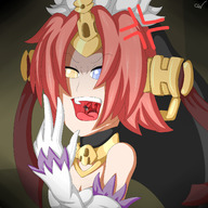 drawing color cleavage saliva angry pink_hair short_hair shrunken_man open_mouth choker imminent_vore heterochromia fate/apocrypha cutelittlenightmare berserker_of_black fate_(series)