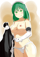 breasts drawing giantess crush nude panties vore blushing color handheld green_eyes blood breast_crush sweat green_hair hard_vore medium_length_hair maid_uniform voluptuous multiple_victims no_background looking_at_tiny shaded piyonaf