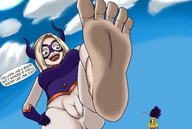 drawing giantess horns blonde color large_breasts long_hair barefoot soles mask raised_foot imminent_crush impending_doom my_hero_academia mt._lady