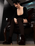 black_hair short_hair sitting looking_down lipstick pinned goth indoors under_shoe knee_highs impending_doom digital_render