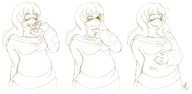 breasts drawing giantess vore blushing comic monochrome long_hair saliva sweat smiling bulge swallowed willing dripping sweater voluptuous snake_girl throat_bulge cerulesta holding_belly stomach_noises