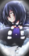 drawing giantess blushing giga black_hair color touhou huge_breasts short_hair looking_down clouds nue_houjuu neva
