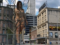giantess nude city long_hair buildings brunette walking vehicles outdoors crowds thick_thighs digital_render