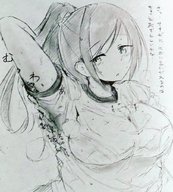 breasts drawing giantess blushing monochrome long_hair wet anime sweat gym_uniform sketch smelly voluptuous japanese_text no_background gym_outfit looking_at_tiny armpits sweat_drop ulzakino