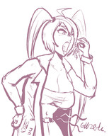 breasts drawing giantess vore blushing monochrome mouth uvula pigtails belly open_mouth dangle voluptuous jacket xanafar imminent_vore no_background looking_at_tiny one_eye_closed stomach_sounds yankee miku
