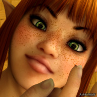 green_eyes smiling elf face shrunken_woman close_up emma freckles digital_render ashkiiwolf