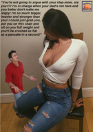 collage small_man size_difference cleavage brunette amazon looking_down dialogue squeezemeflat pleading looking_at_tiny torn_bluejeans